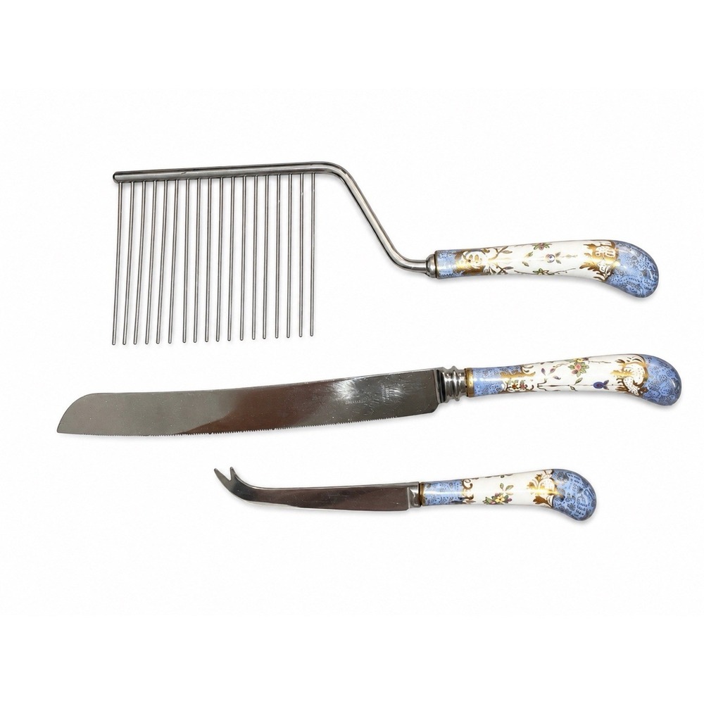 VTG Blue Gold Floraine Sheffield Cake Knife Set Stainless Floral